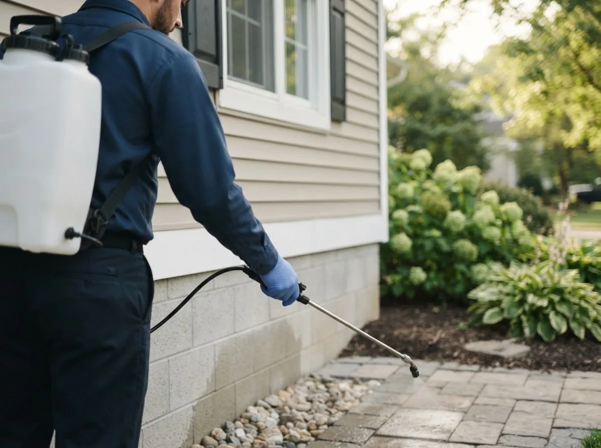 Pest control technician inspecting a home in Sparta, MI